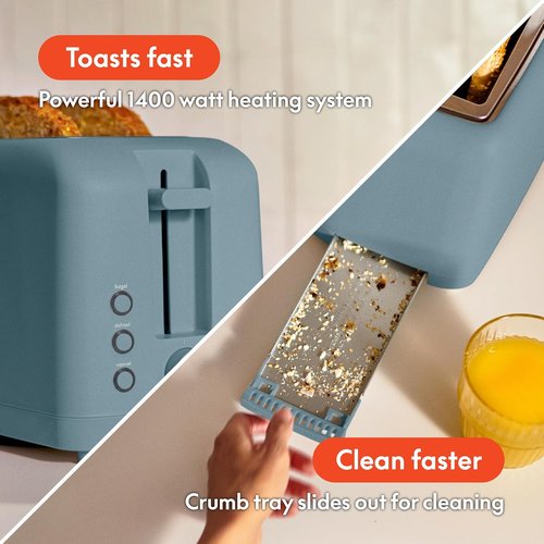 Bella 4-Slice Slim Toaster - 10” Long Slot with 6 Shade Settings, Reheat & Cancel Functions | Surf Color