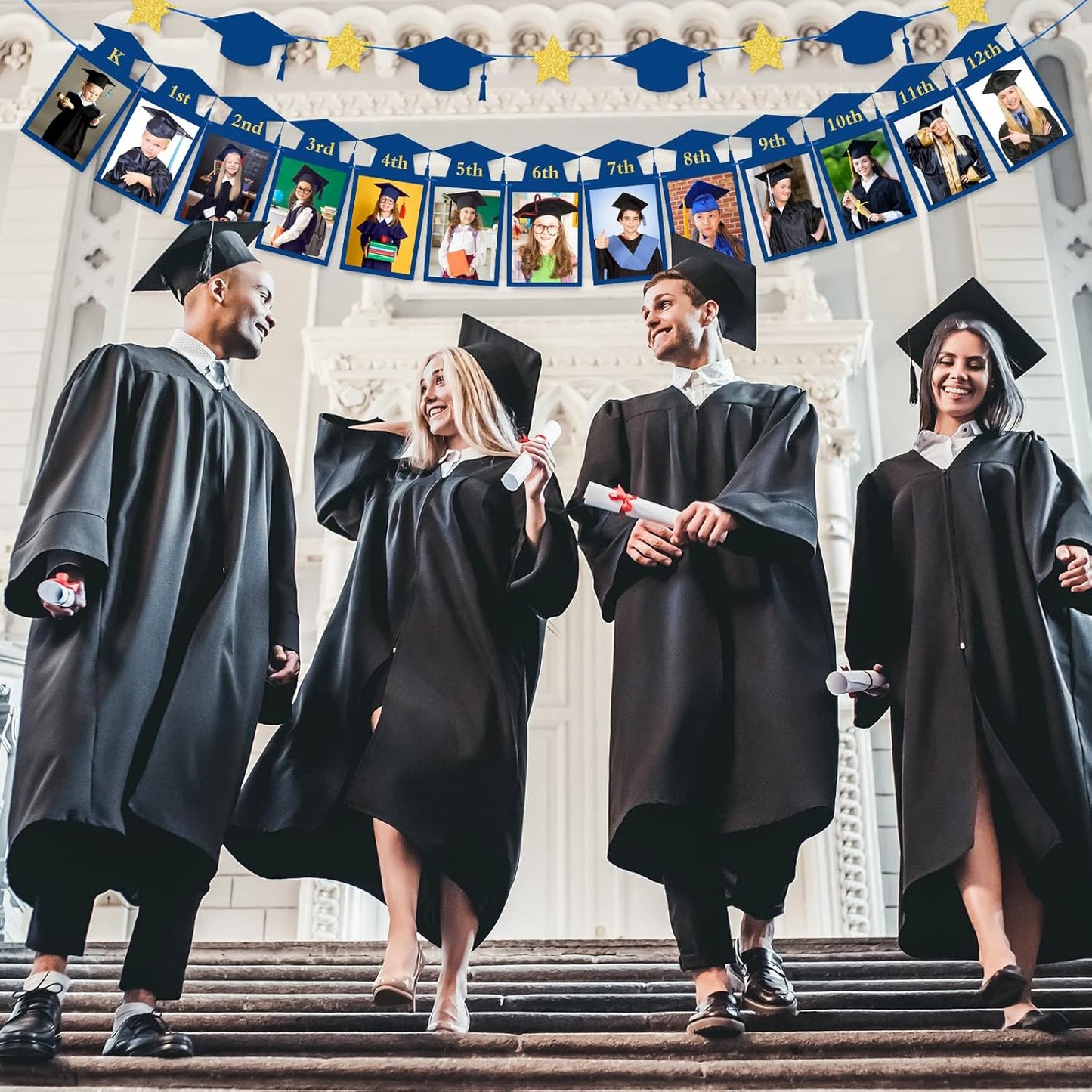 Whaline Graduation Photo Banner - No DIY Required | Blue Gold Glitter Bunting for 5 x 7 Inch Pictures