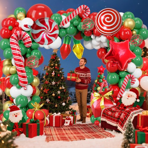 JANEF 135pcs Christmas Balloon Garland Arch Kit with Foil Candy Stars Cane Gift Box Balloons for Christmas Holiday Birthday Xmas Supplies Party Decoration