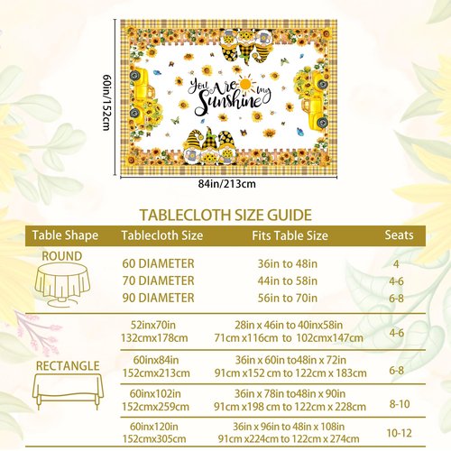 Hexagram Spring Tablecloth 60x84 Inch Rectangle, Sunflower Tablecloths You are My Sunshine Gnomes Truck Table Cloth Yellow Sunflower Decor for Home Party Dinner Decorations