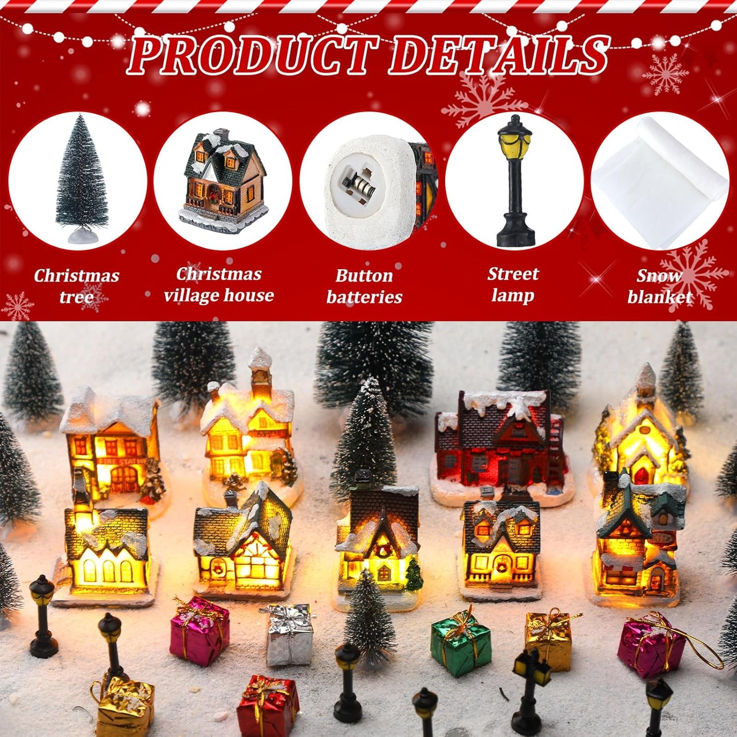 Shappy Christmas Village Houses Set - 48 Pcs with 10 Light-Up Buildings, Mini Trees & LED Lights