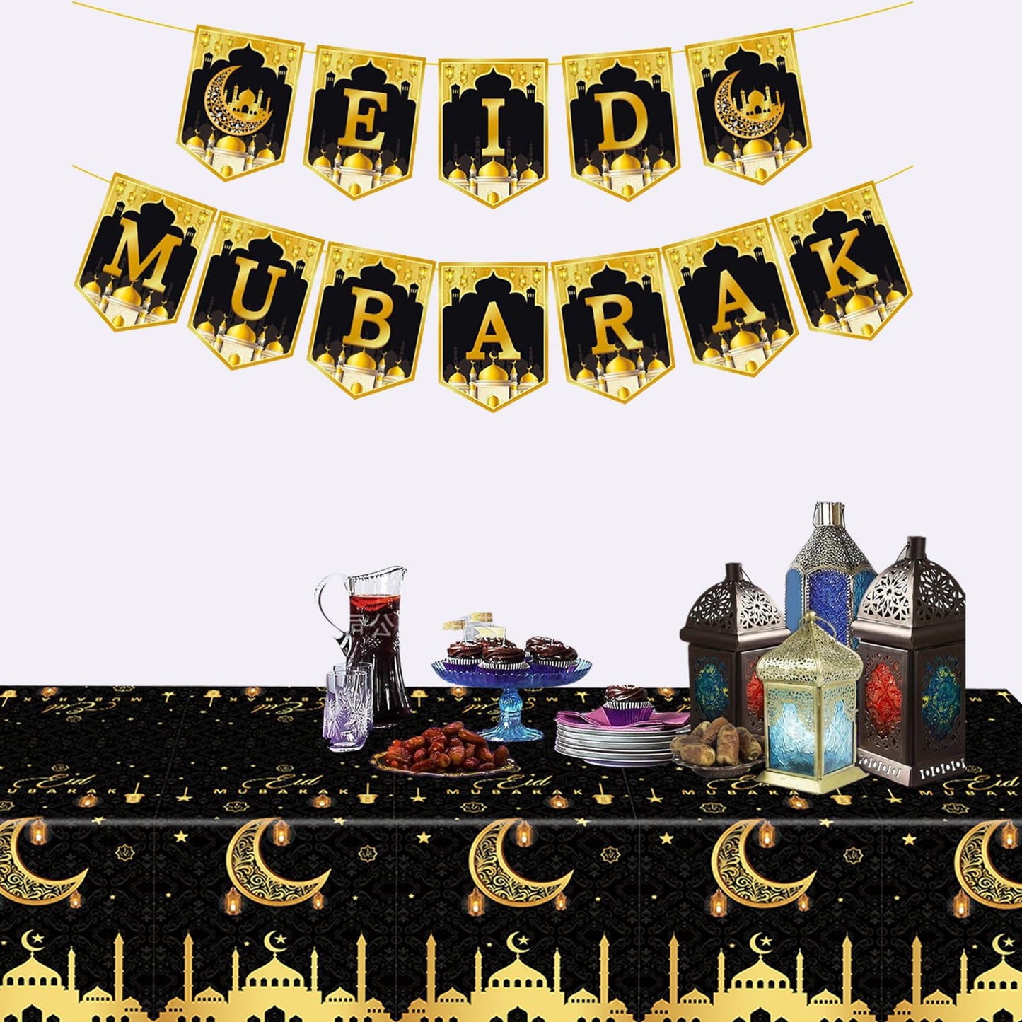3 Pack Ramadan Decorations Ramadan Table Cloth, Black and Gold Eid Mubarak Tablecloth, 108x54 inch Ramadan Mubarak Table Cover, Ramadan Eid Decorations for Home, PE Plastic Disposable Tablecloth