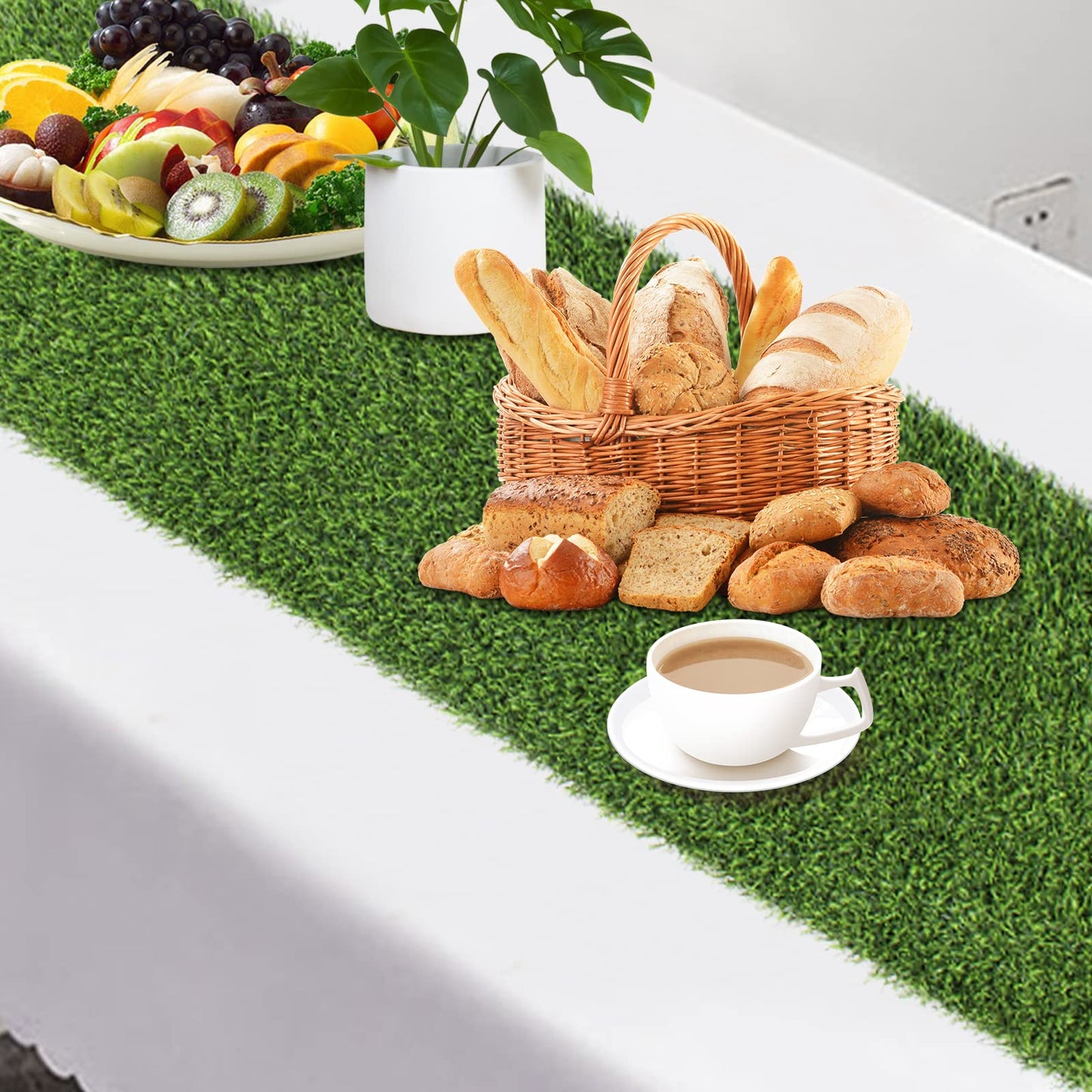 Kesfey 12 x 36 Inch Easter Artificial Grass Table Runners Washable Green Synthetic Home Decor Faux Table Runner Trimmable Green Artificial Tabletop Supplies For Golf Themed Party Dining Decorations