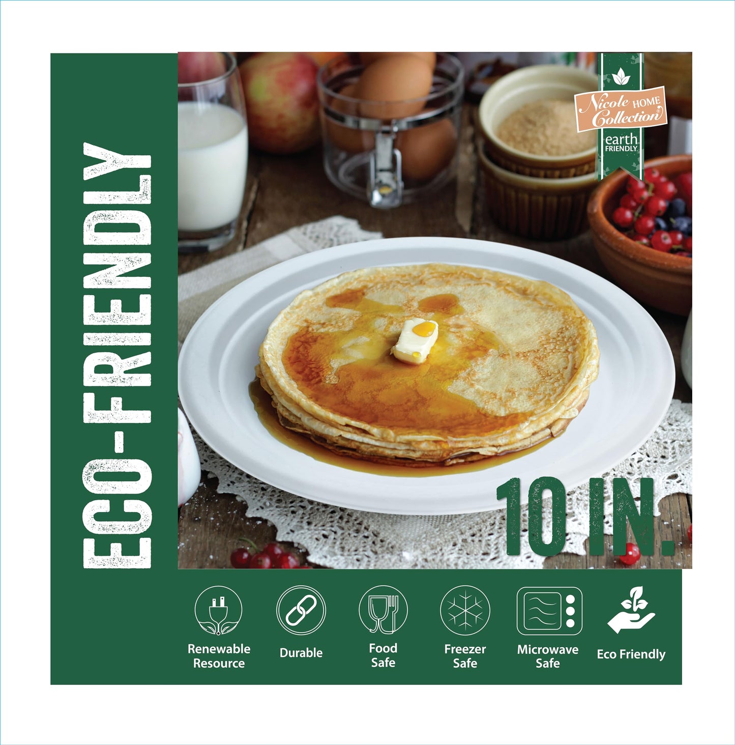 Nicole Home Collection 100% Compostable Heavy Duty 10" Disposable Paper Plates Bagasse Biodegradable Eco-Friendly Natural Sugarcane 100 Count