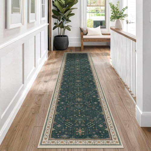 Hazo Haus Vintage Dark Green Hallway Runner Rug - Washable, Non-Slip, 2x10 ft Modern Boho Design