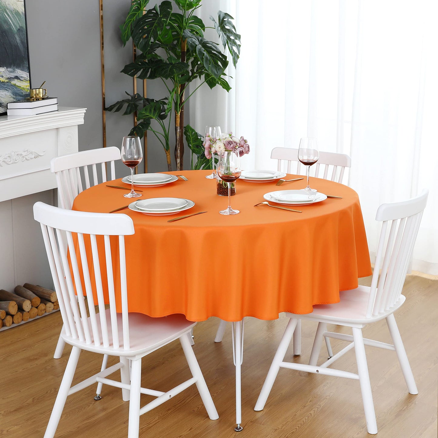 FOLINS&HOME Orange Round Tablecloth 90 Inch Waterproof Heavy Duty Wrinkle Free Polyester Fabric Table Cloth, Spillproof Washable Table Cover for Parties, Camping, Picnic, Banquet, Indoor and Outdoor