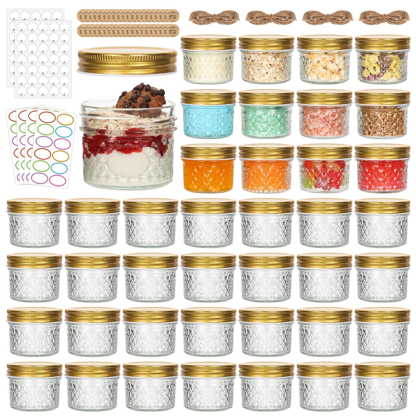 EkkoVla 4 oz Small Glass Mason Jars with Gold Lids, 40 Pack Regular Mouth Mini Canning Jars for Jam, Jelly, Honey, Spice, Caviar, Body Butters, DIY Candle Making