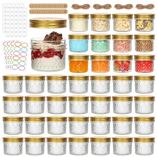 EkkoVla 4 oz Small Glass Mason Jars with Gold Lids, 40 Pack Regular Mouth Mini Canning Jars for Jam, Jelly, Honey, Spice, Caviar, Body Butters, DIY Candle Making
