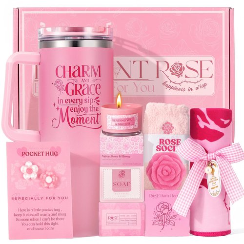 Gift Set for Women Self Care Mothers Day Gifts for Mom Wife Sister Friend - Pink Birthday Gift Baskets for Women, Relaxation Gifts Spa Gift Basket Self Care Package for Her w/ 40oz Insulated Tumbler