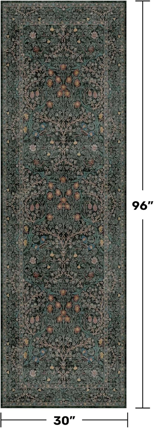 Skiennix 8ft Non-Slip Hallway Runner - Washable Rubber Backing, Stain Resistant | Vintage Floral Dark Green & Black