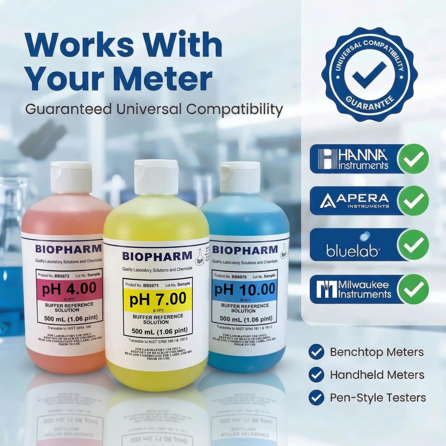 pH Buffer Calibration Solution Kit 3-Pack: pH 4.00, pH 7.00, pH 10.00 Buffers — 250 ml (8.4 fl oz) Each — Color Coded — NIST Traceable for All pH Meters