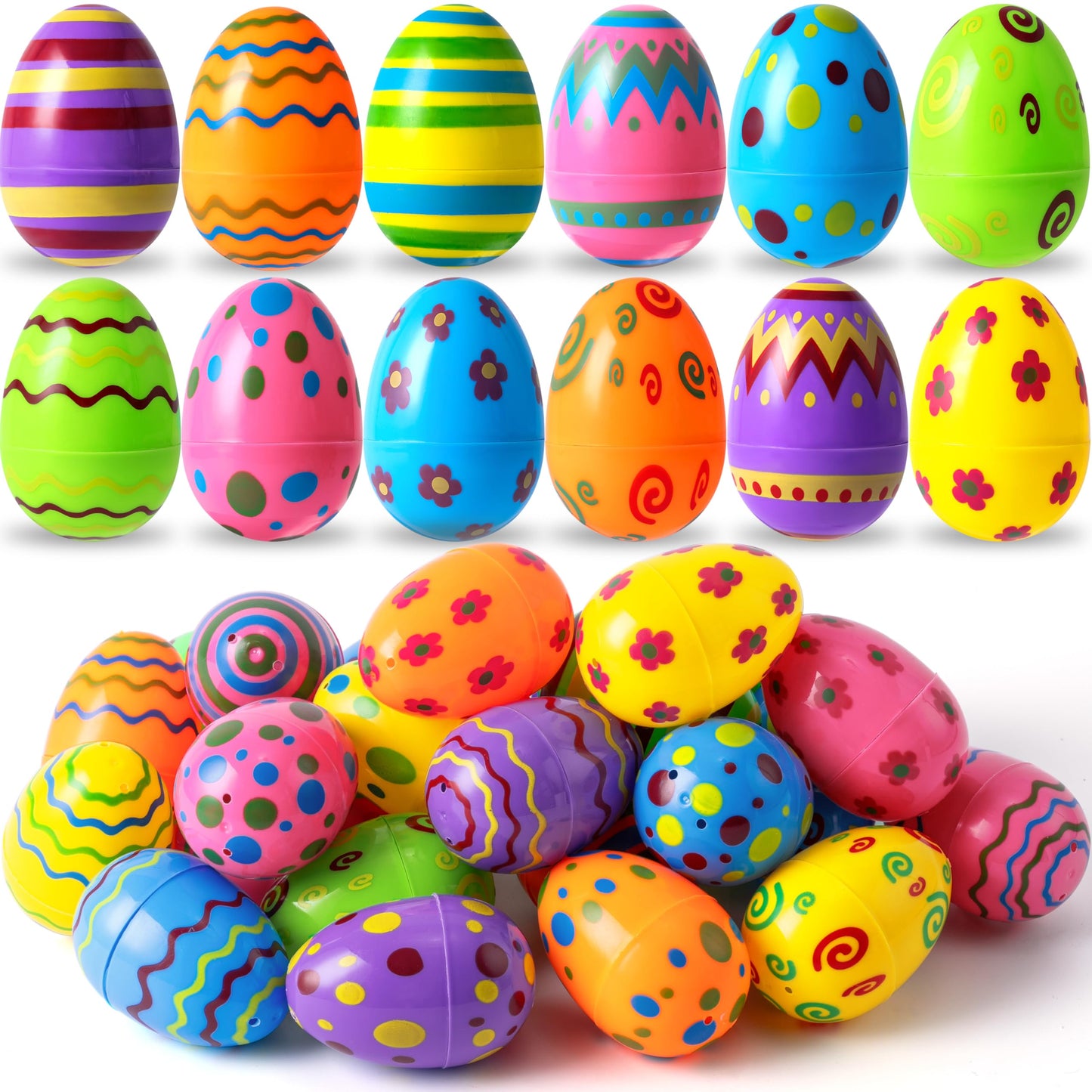 JOYIN Toy 100 PCs Plastic Printed Bright Easter Eggs, Over 3.15'' Tall Fillable Empty Eggs Bulks for Easter Hunt, Basket Stuffers Fillers, Classroom Prize Supplies, Filling Treats and Party Favor