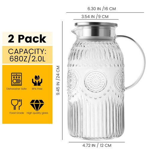 Bandesun Glass Pitcher with Lid, 68 oz/ 2 Liter 2Pack Vintage Water Pitcher,Glass Water Carafe for Cold Brew, Coffee, Lemonade, Iced Tea,Beverage, Heat Resistant Jug