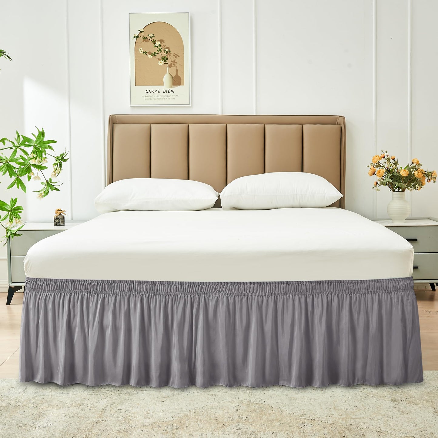 Biscaynebay Wrap Around Bed Skirts for King & Cal King Beds 18" Long Drop, Silver Grey Adjustable Elastic Dust Ruffles Easy Fit Wrinkle Resistant Silky Luxurious Fabric Machine Washable