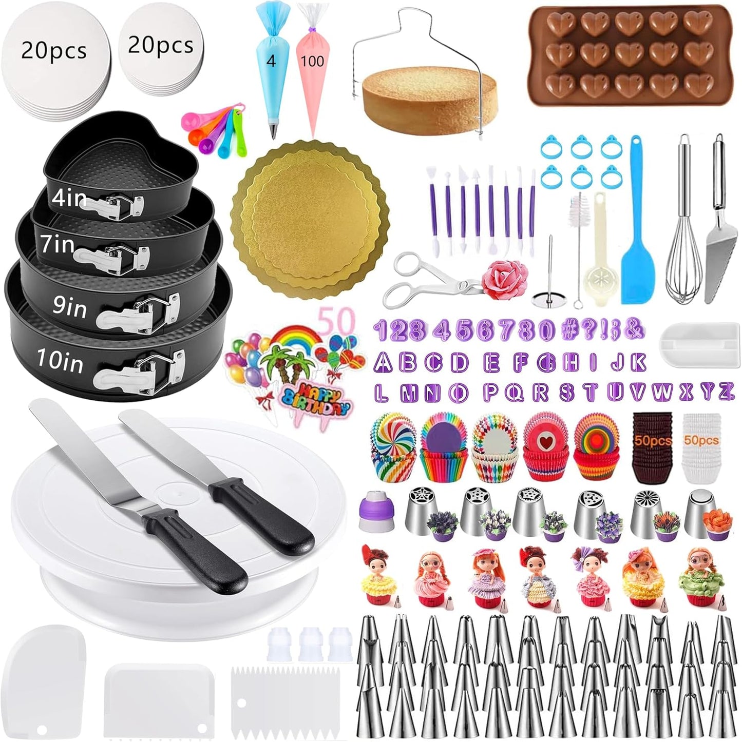 540PCS Cake Decorating Kit | Complete Baking Supplies Set with 4 Springform Pans & Rotating Turntable