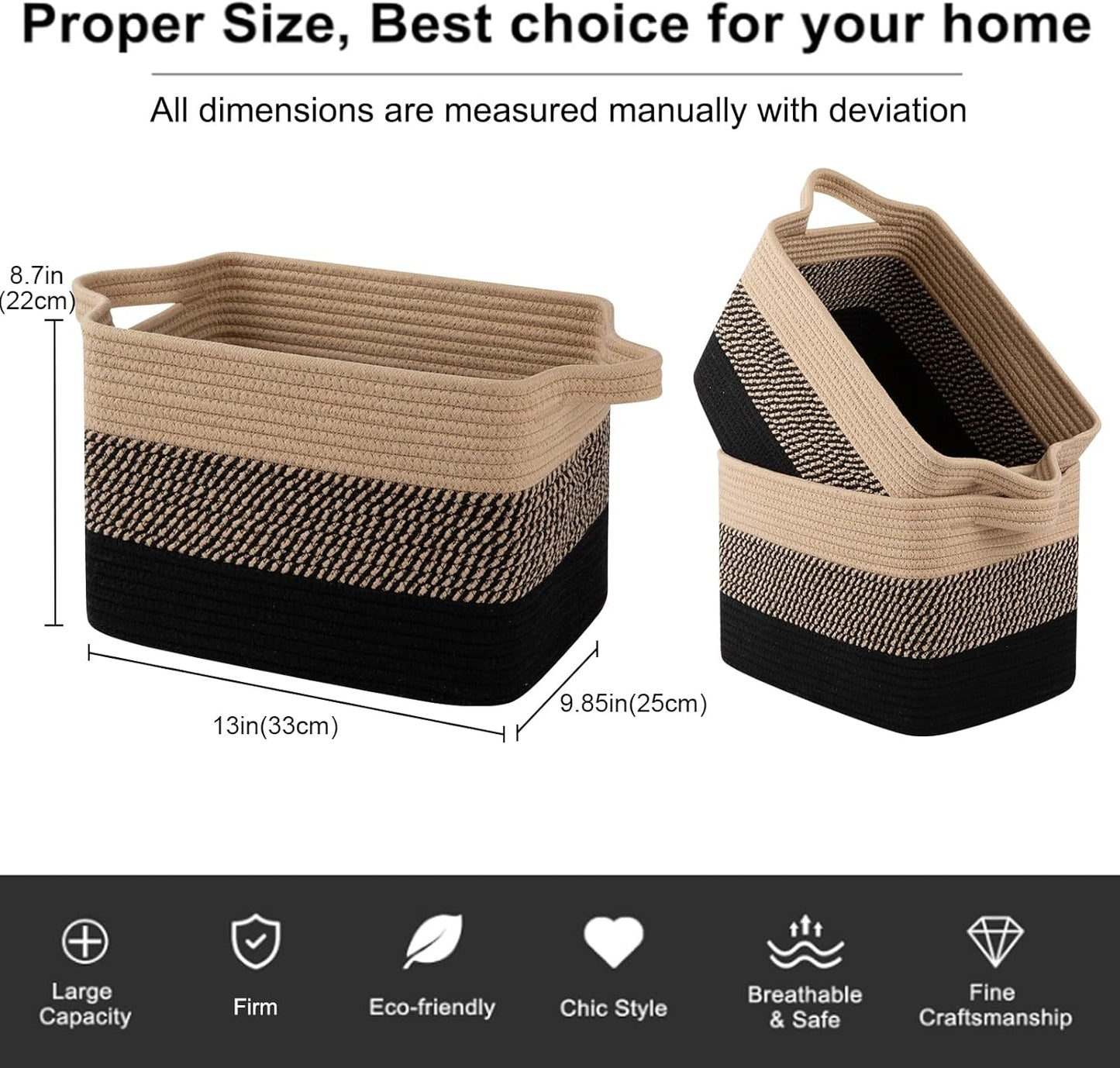 OIAHOMY Woven Storage Baskets - Stylish Cotton Rope Baskets for Toys & Towels | Pack of 3, Black & Brown