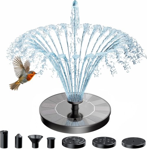 AMZtime Solar Fountain - 2026 Upgrade Bird Bath Water Feature with 6 Nozzles & 4 Fixed Rods | Perfect for Garden, Pool, Pond, and Patio