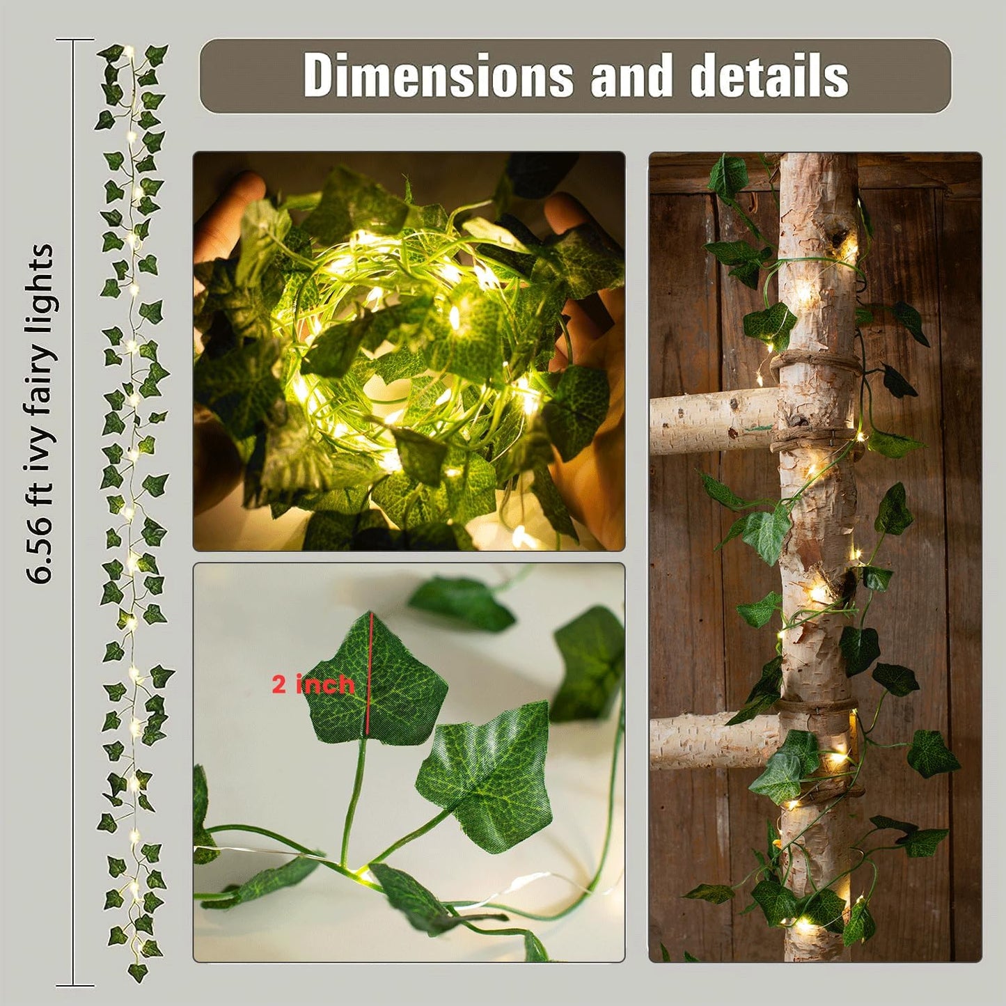 NWLIGHT Vine with Fairy Lights, 2 Pack 40LEDs Vine Lights Green Ivy Vines String Lights Battery Operated, Artifical Garland Leaf with Fairy Light for Bedroom Dorm Wall Decor