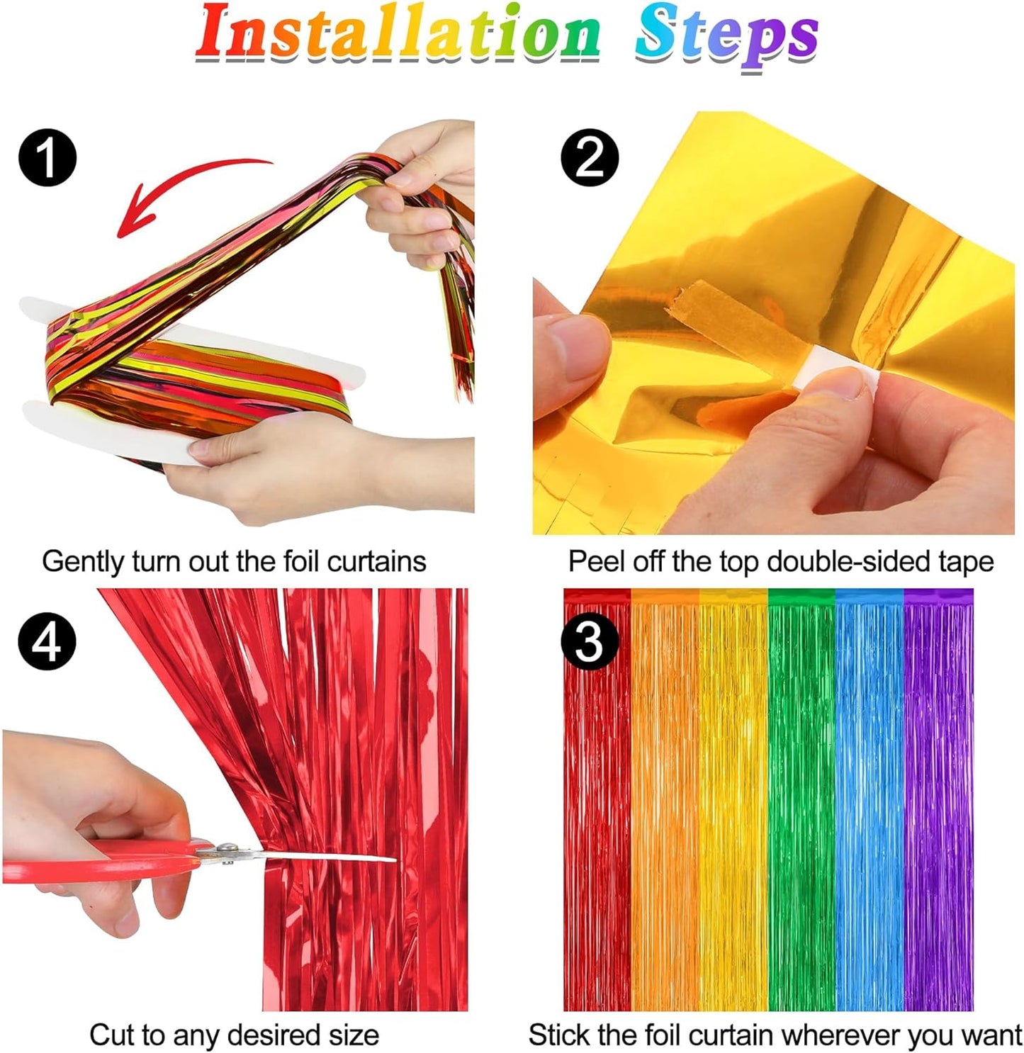 ZATAYE Rainbow Backdrop | 4 Pack Metallic LGBT Party Decorations - 3.28 FT x 7.05 FT Tinsel Streamers