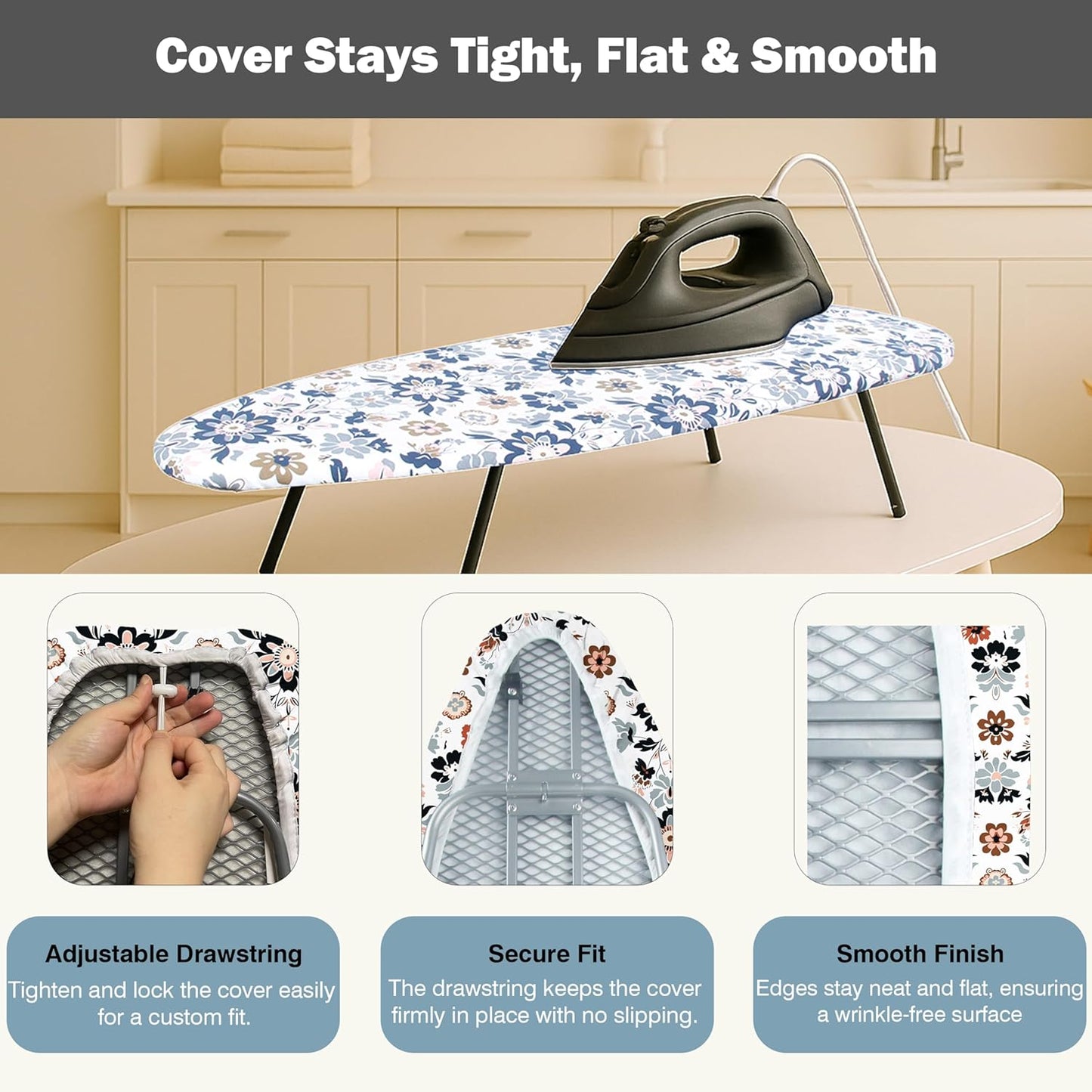 UniSimp Small Ironing Board Cover - Heat Resistant Cotton Canvas with Padding | 12"x32" Floral Design