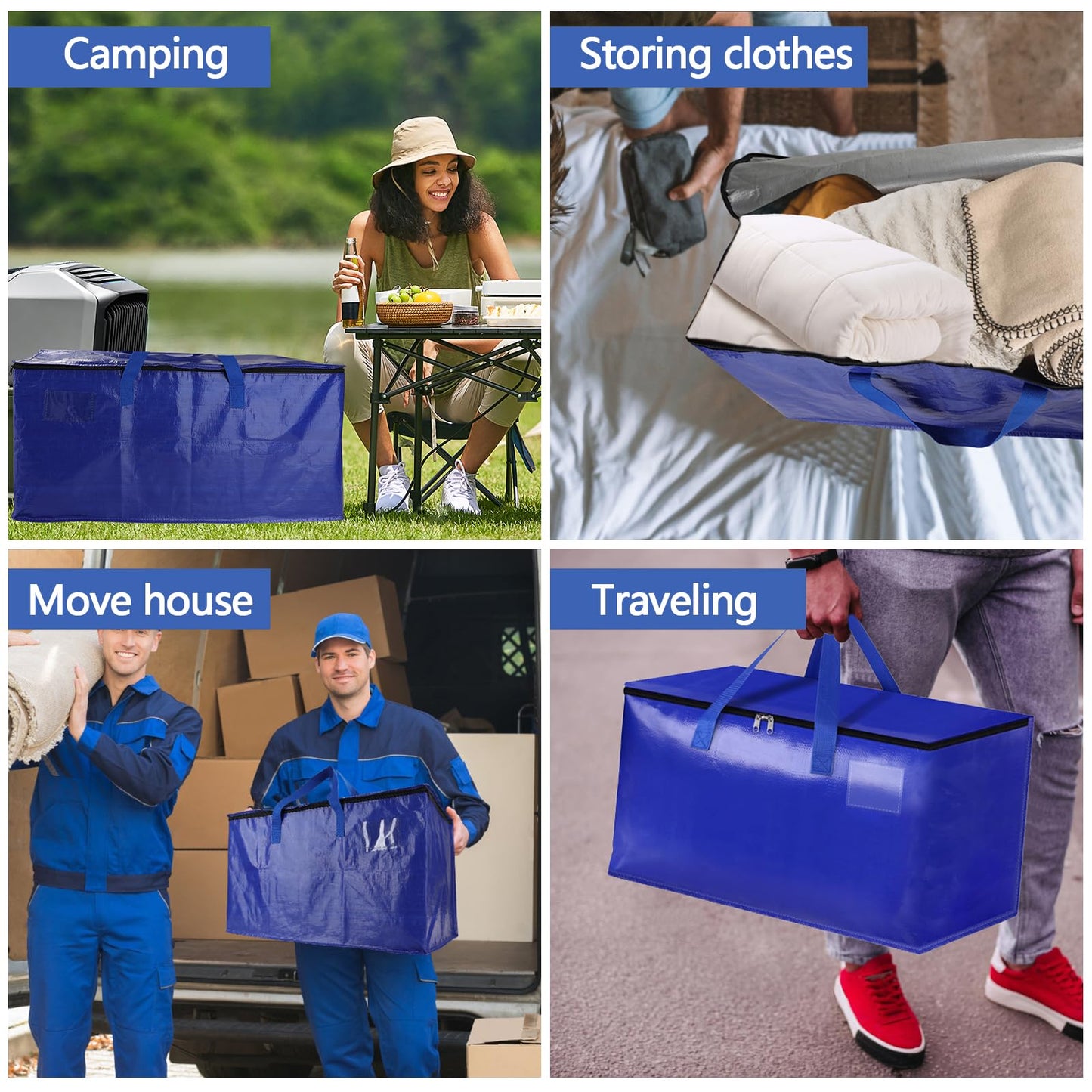 8 Pack Waterproof Moving Bags with Strong Zippers and Reinforced Handles, Real 100lb Capacity Extra Heavy Duty Large Storage Totes for Packing & Moving Storing, Alternative to Moving Boxes -95L,Blue