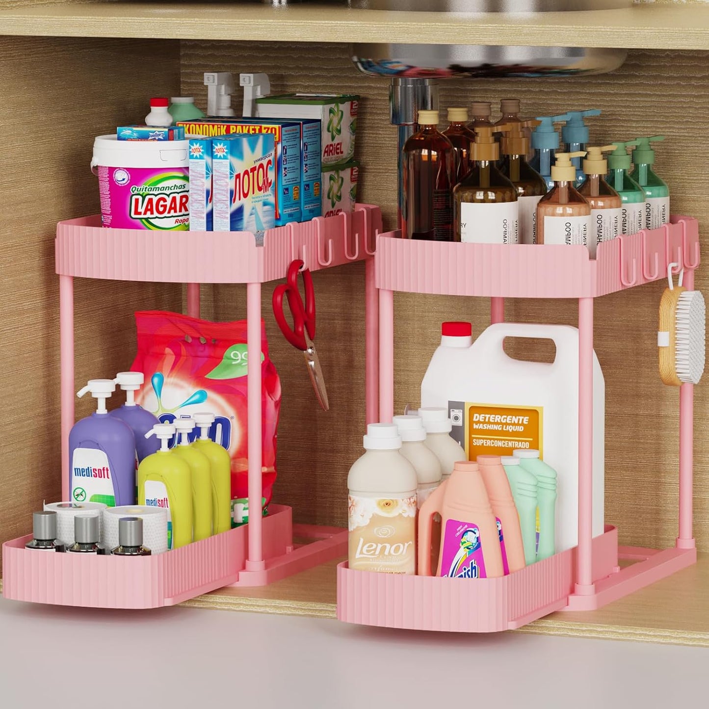 Ukeetap Multi-Purpose Pull-Out Storage Organizers - 12.8 Inch Pink Under Sink & Cabinet Solution