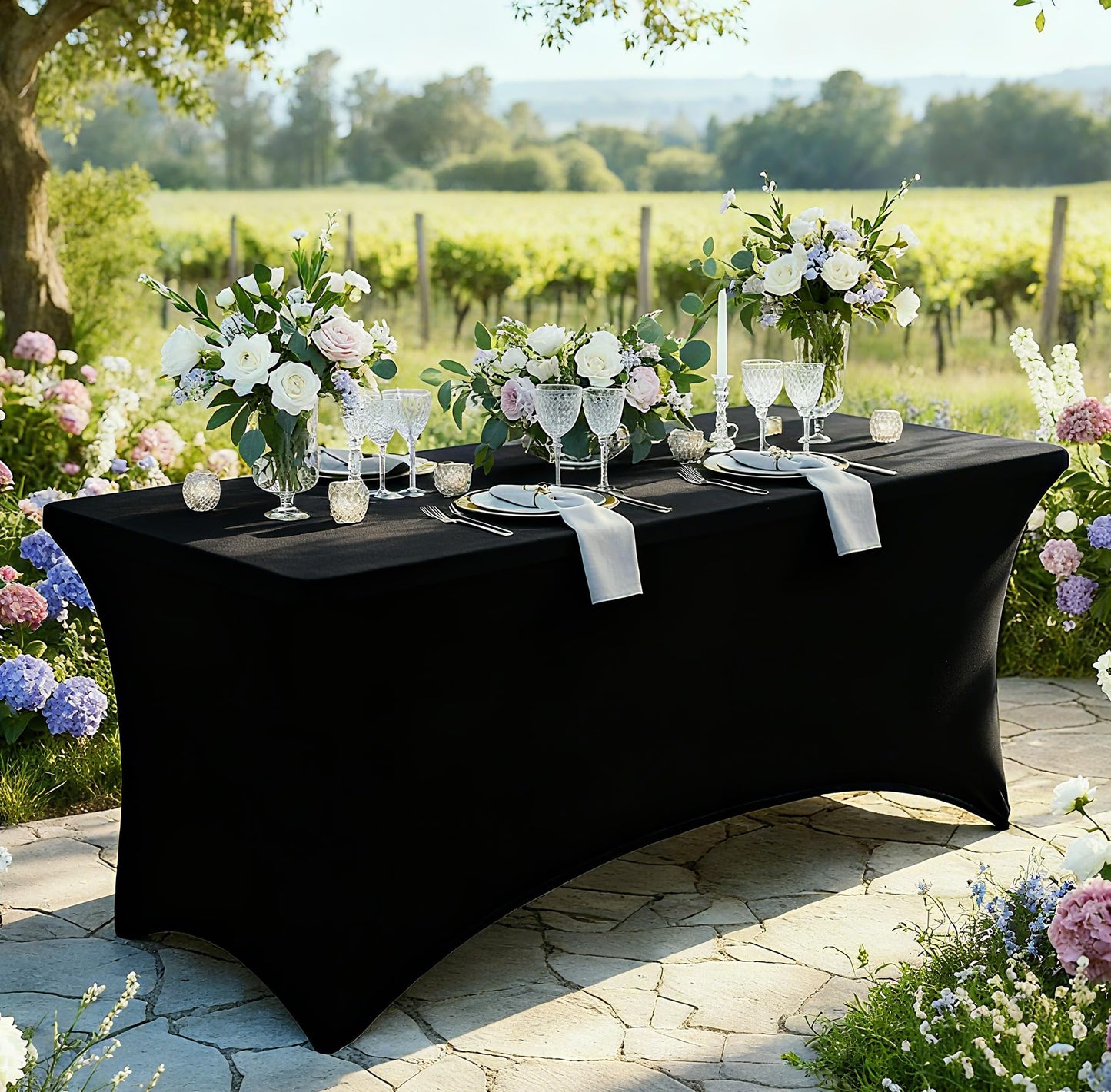 Moosfor Spandex Elastic Fitted 6FT Rectangle Tablecloth, Stretch Washable Reusable Table Cover for Outdoor Picnic, Camping, Dining, Wedding, Banquet & Party Events (Black, 72Lx30Wx30H Inch)