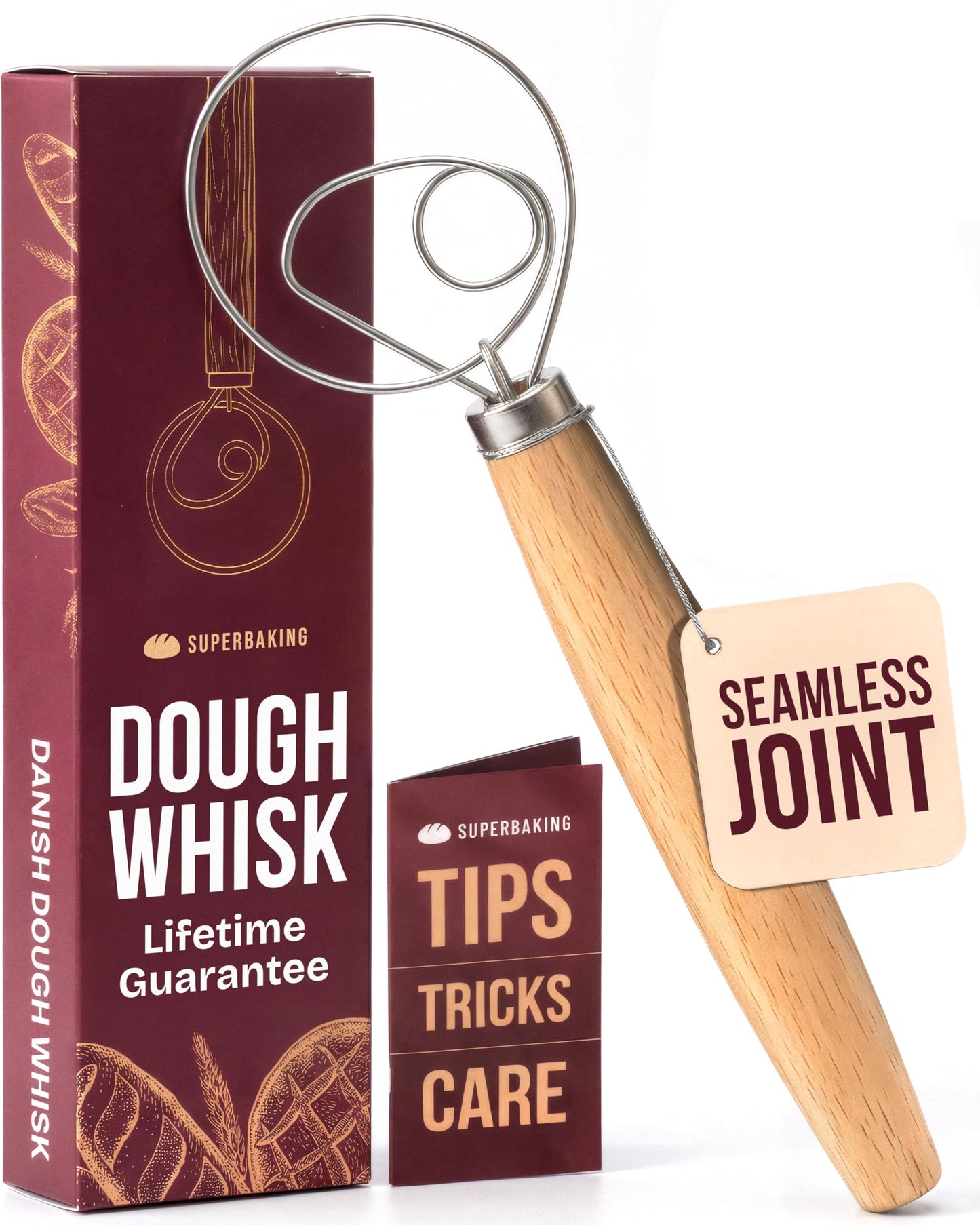Superbaking Danish Dough Whisk - 12" Bread Whisk for Dough Mixing - Single Eye Design Sourdough Whisk - Sourdough Bread Baking Supplies - Bread Making Tools and Accessories - Ergonomic Wooden Handle