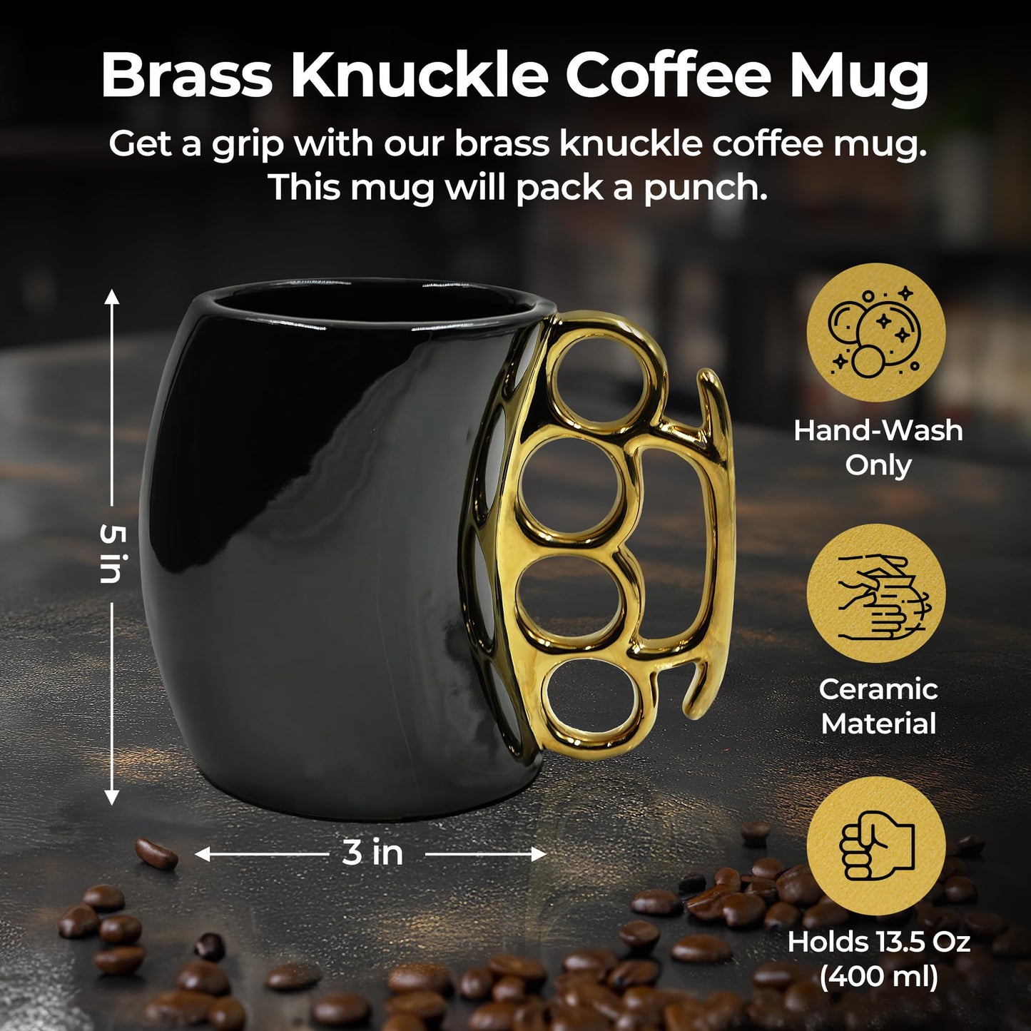 Caliber Gourmet Brass Knuckles Cup - Black and Gold Ceramic Self-Defense Novelty Coffee Mug, Unique Knuckles Mug for Collectors, Perfect Odd Coffee Mug Gift Idea for Christmas, Father's Day & More