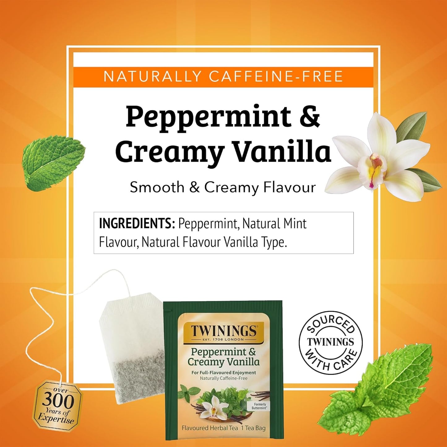 Twinings Peppermint & Creamy Vanilla Herbal Tea - Caffeine-Free, 20 Individually Wrapped Bags (Pack of 2) | Enjoy Hot or Iced