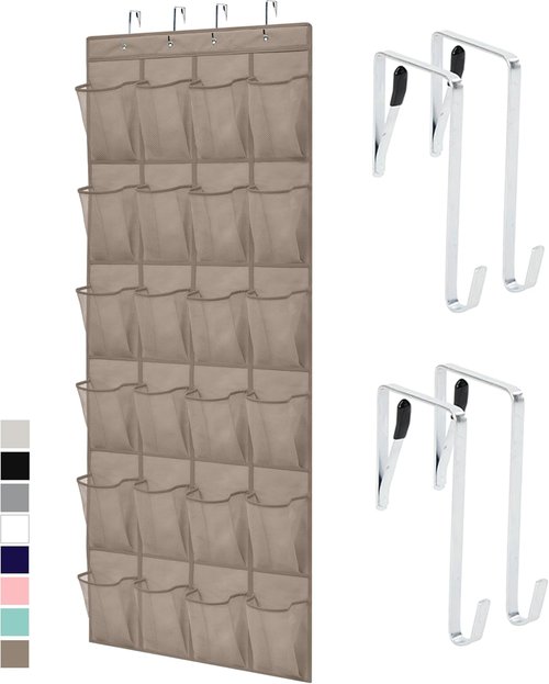 GORILLA GRIP Over The Door Shoe Organizer - 24 Large Breathable Mesh Pockets | Space-Saving Beige Storage Solution
