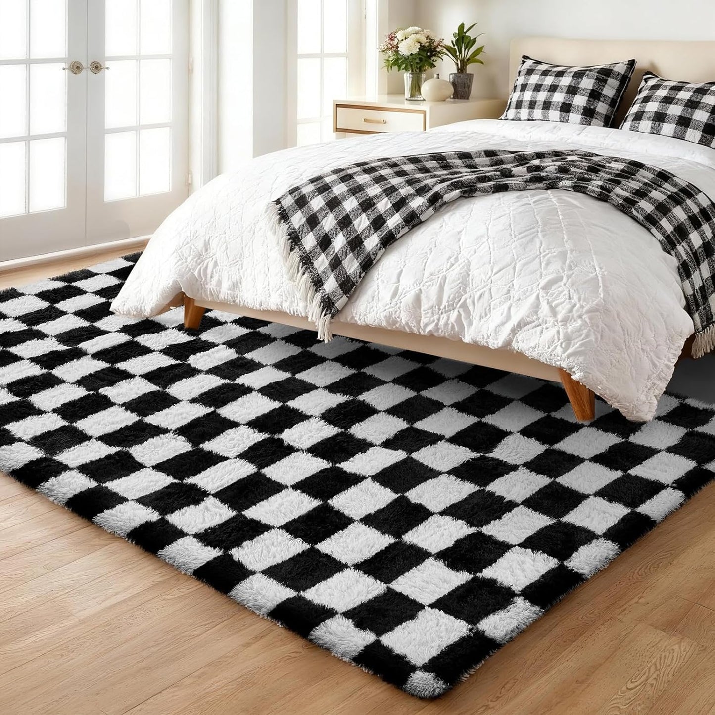 Ophanie Checkered Black & White Area Rug - Fluffy Soft Shag Carpet for Living Room & Bedroom | 6x9 Furry Design