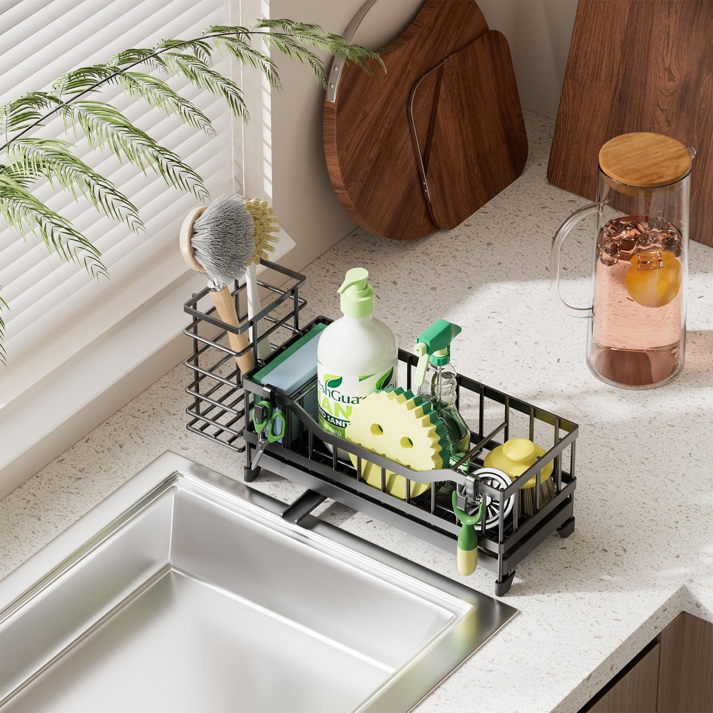 Mirtan Sponge Holder for Kitchen Sink, Kitchen Sink Caddy with Long-Handled Dish Brushes Holder, 304 Rustproof Stainless Steel Countertop Organizers and Storage, Home Kitchen Sink Accessories (Black)