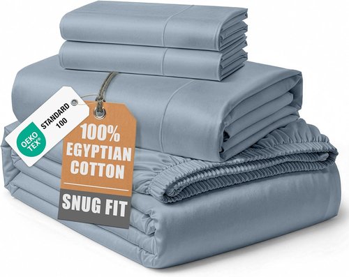 100% Egyptian Cotton Queen Size Sheet Set - Ultra-Soft Hotel Luxury | Naturally Breathable & Durable, 15" Deep Pocket - French Blue