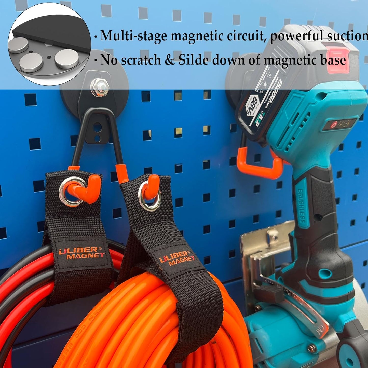 ULIBERMAGNET Heavy Duty Garage Magnet Hooks - 3 Pack Strong Magnetic Utility Hooks with Anti-Slip Coating | Orange
