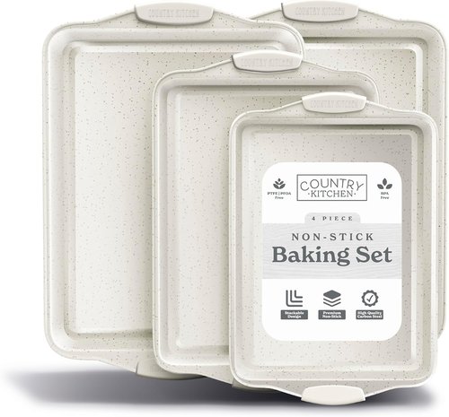 Country Kitchen Nonstick Bakeware Set - Heavy Duty & Easy Release, Cream | 4-Piece Stackable Set