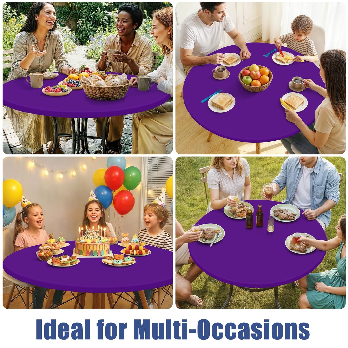 Moosfor Round Spandex Tablecloth, Elastic Fitted Waterproof Tablecloths for 45"-56" Tables, Stretch Washable Picnic Table Cover for Camping, Dining, Indoor and Outdoor, Purple