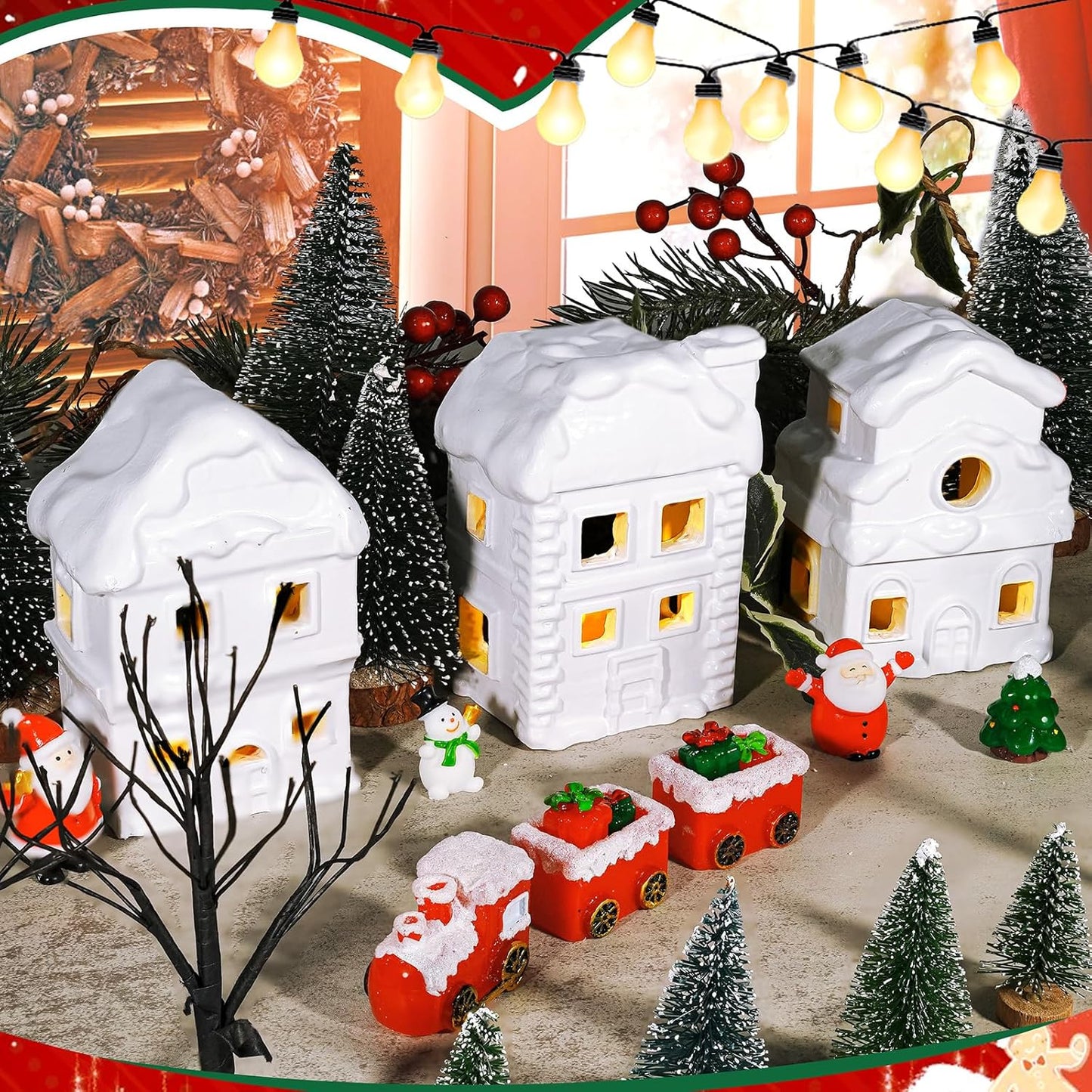 Wowagoga Ceramic Christmas House Village Set - 21 Pcs White Resin Figurines | Light-Up 4.3 Inch Decor