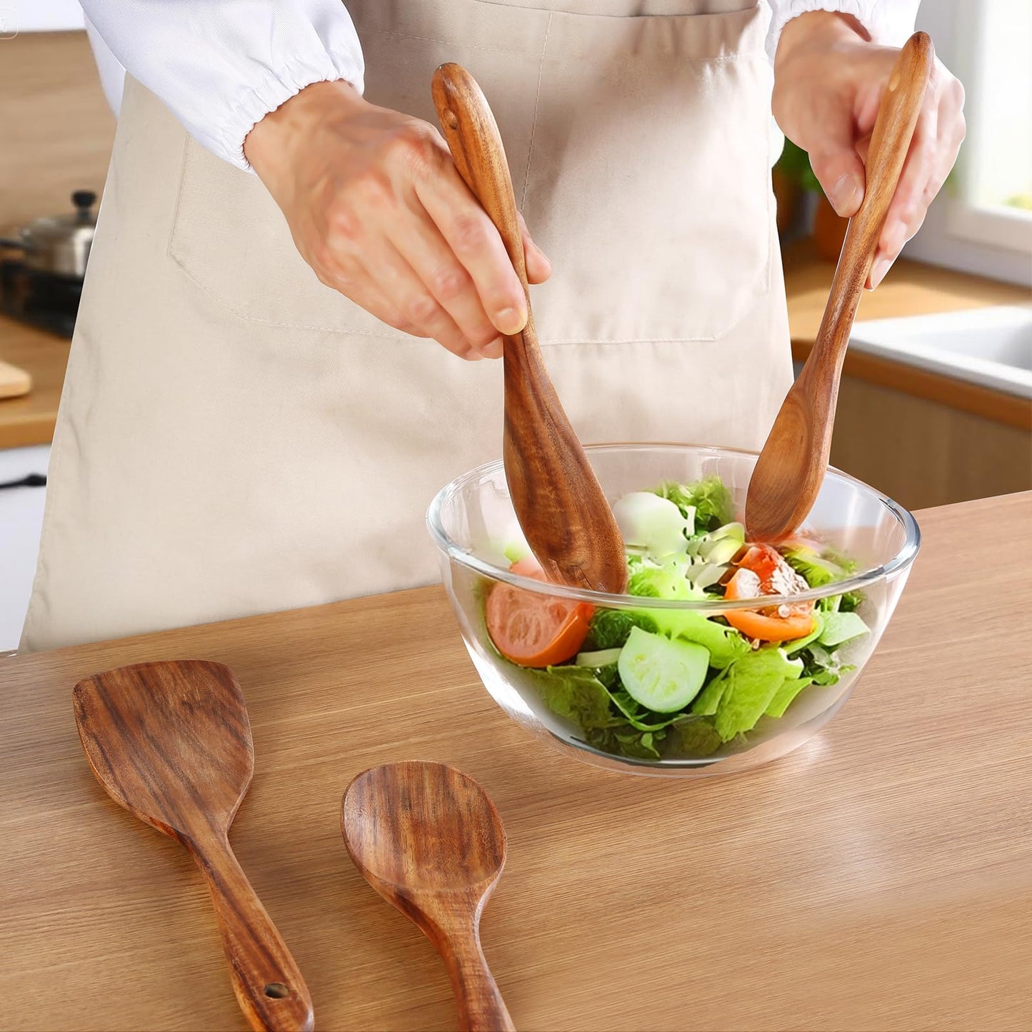 6 Pack Wooden Spoons For cooking – Heat-Resistant Wood Spatula with Comfort Grip, Lightweight Kitchen Cooking Utensils set, wood Spoon utensil Set Perfect for Non-Stick Cookware