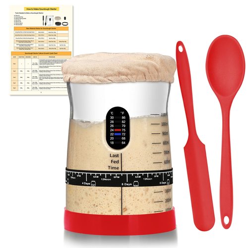 Coco Bird Pro Sourdough Starter Kit- 50oz Large Capacity Sourdough Starter Jar, 17 Flavorful Fermentation Recipes, Sourdough Bread Baking Supplies for Making Delicious Sourdough Breads(Red, 1Set)