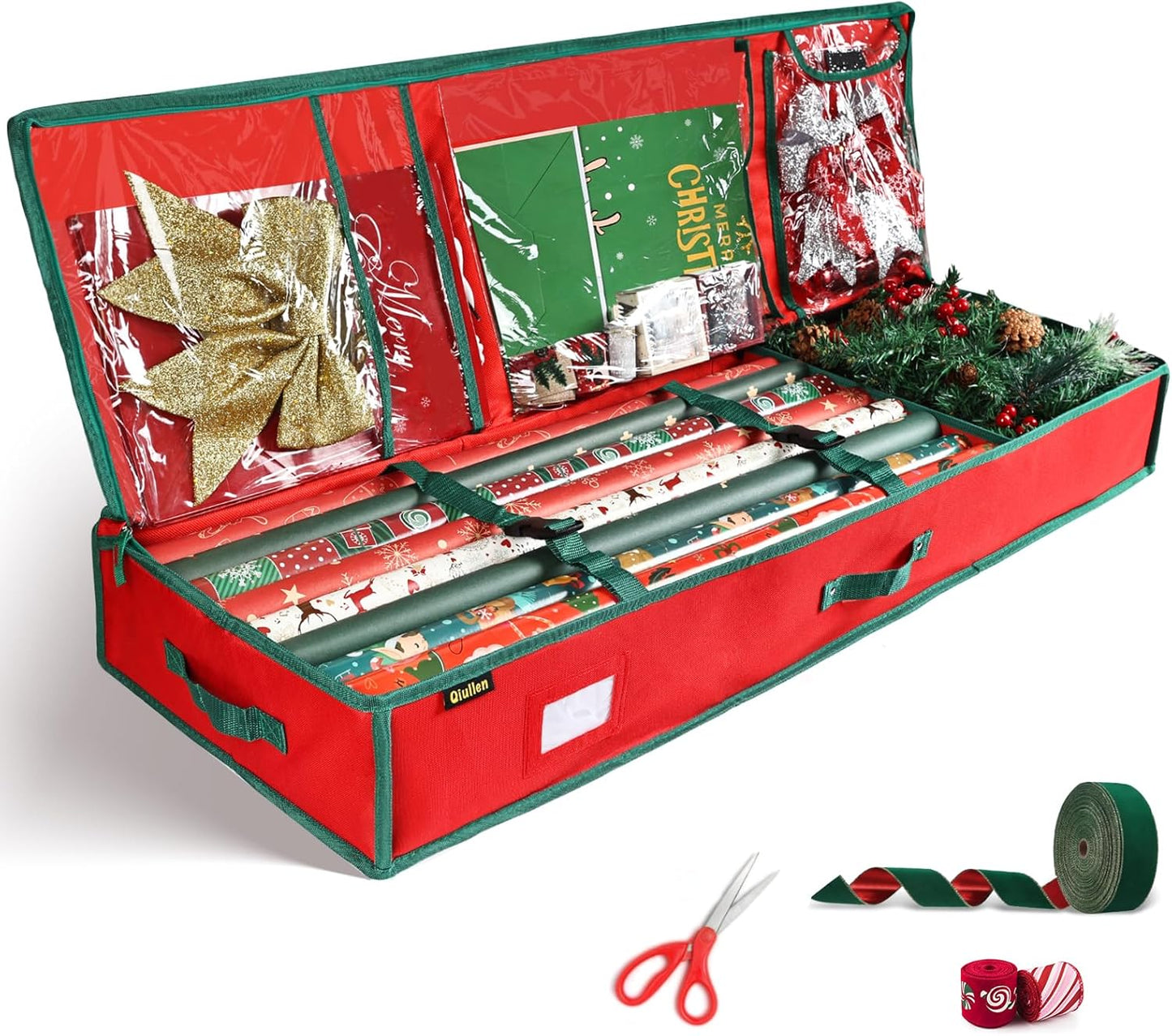 Skiennix Gift Wrap Organizer - Sturdy 600D Oxford Fabric Christmas Wrapping Paper Storage Bag | Large Red Capacity