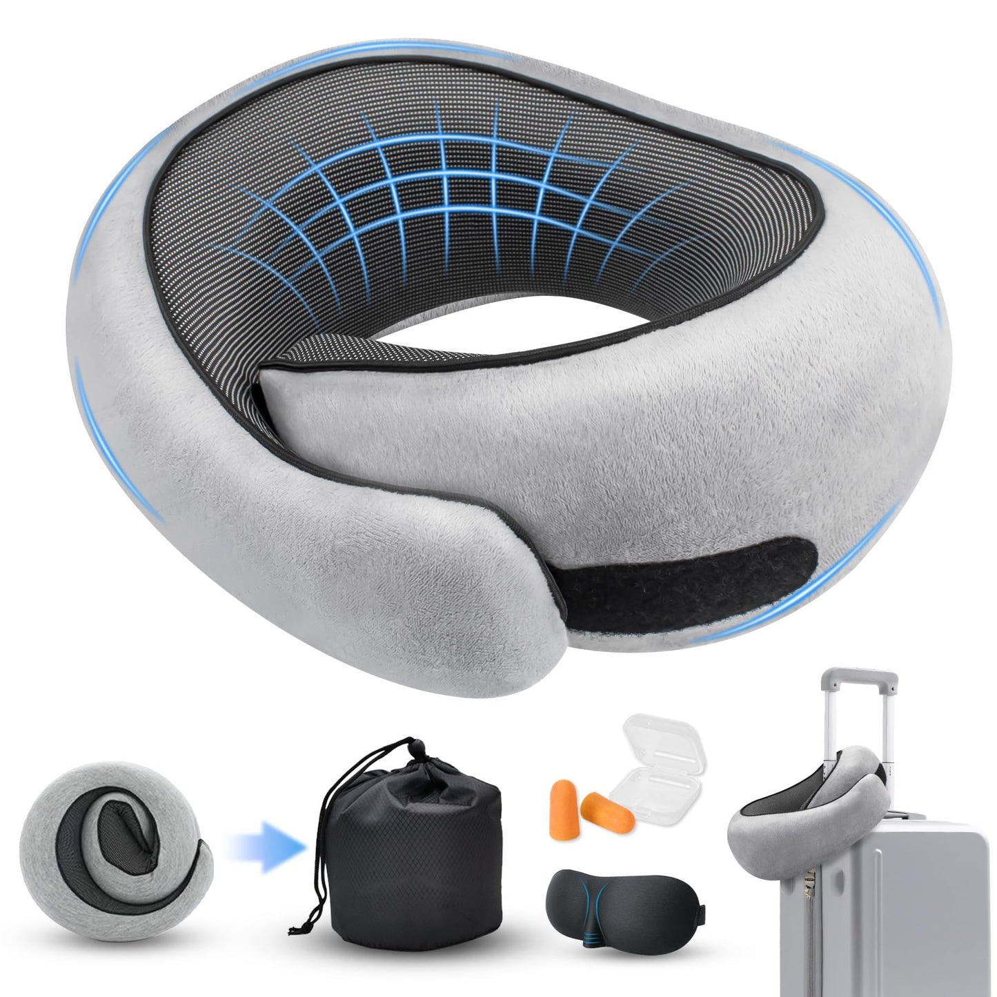 HiztoBlo Neck Pillow for Traveling, Travel Pillows for Airplanes 2025 New 100% Pure Memory Foam, Neck Pillow Airplane with 360º Ergonomic Design, Travel Neck Pillows for Airplanes, Office and Car