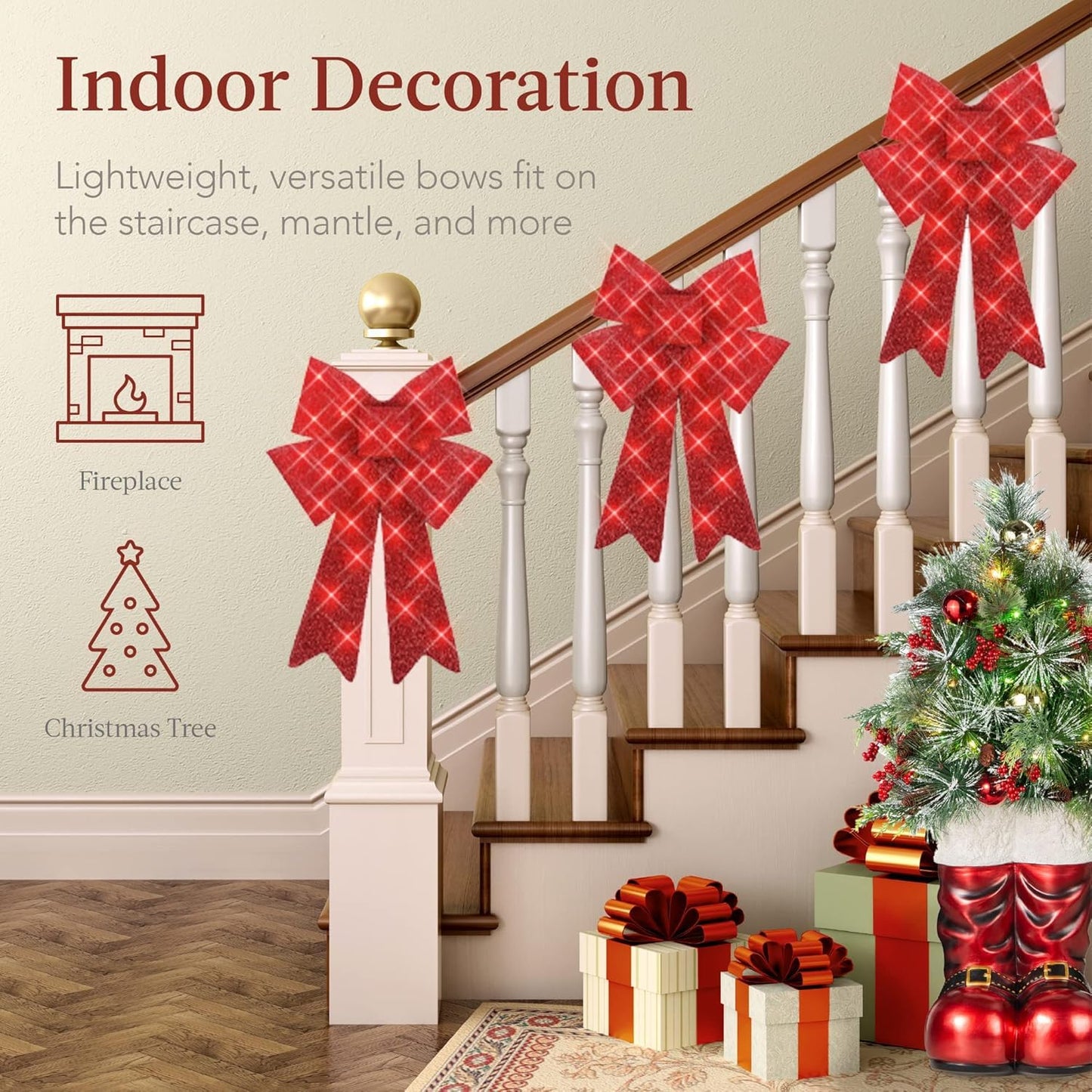 Pre-Lit Large XL Christmas Bow Decoration, Large Outdoor LED Holiday Yard Décor w/ 30 Lights, 8 Light Functions, Timer, Hanging Hook (Red)