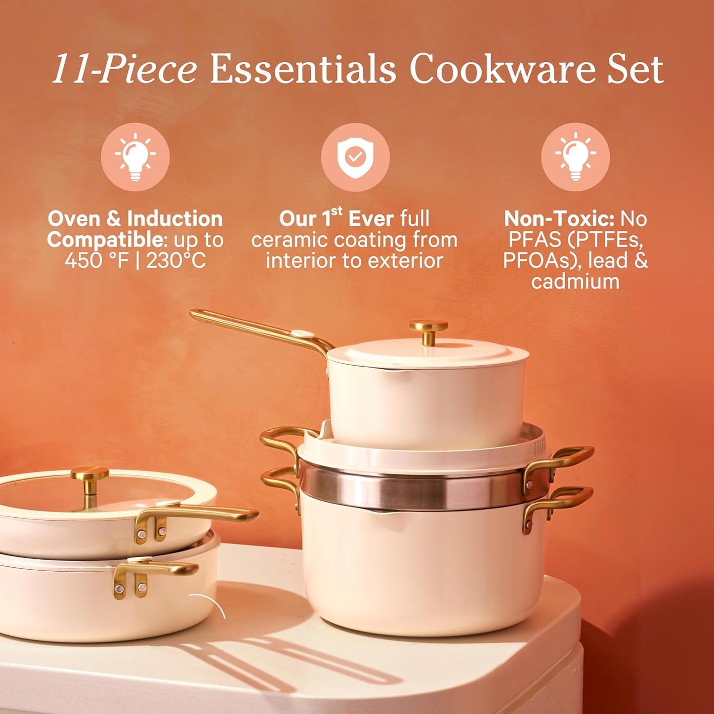 Our Place 11-Piece Cookware Set - Nonstick Ceramic Fry Pan, Saucepan & Stock Pot | Oven Safe to 450°F | Cream
