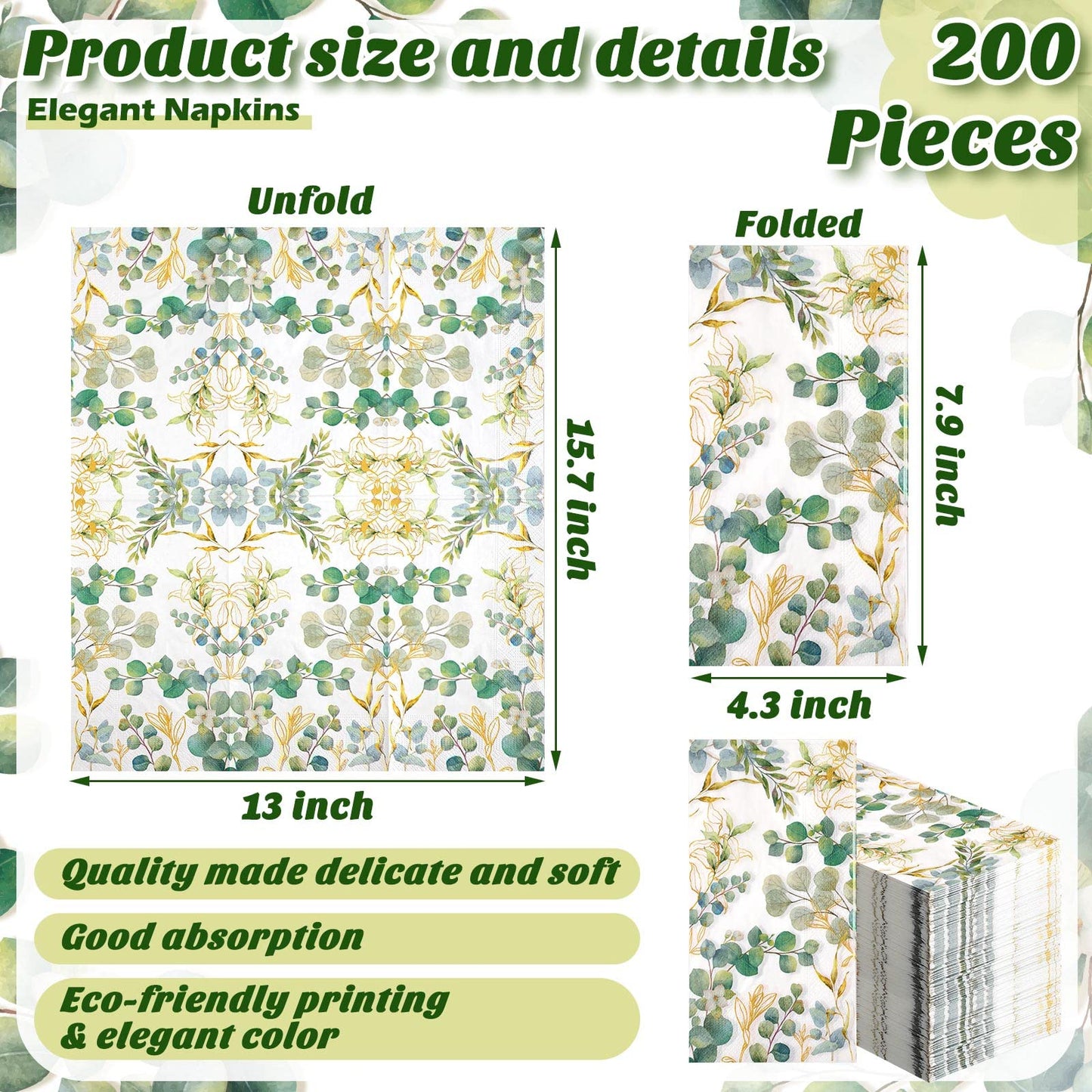 Spiareal 120 Pcs Greenery Paper Napkins 3 Ply Disposable Hand Towels for Bathroom Green Eucalyptus Leaf Guest Decorative Dinner Napkin for Bridal Baby Shower Wedding Birthday Spring Party