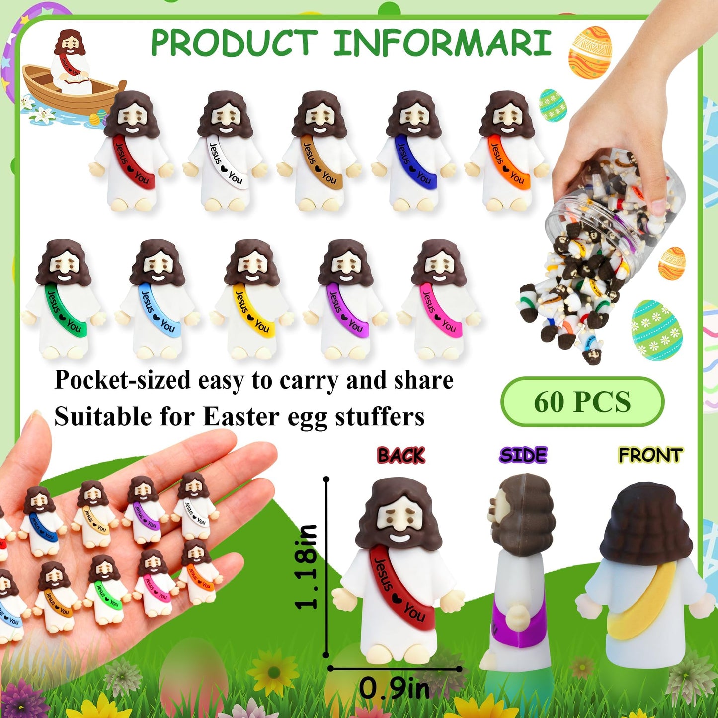 60 Pcs Little Jesus Figures Easter Mini Rubber Toys to Hide and Seek, Pocket Jesus Loves You Miniatures Religious Party Favors Baptism Gifts Sunday School Easter Egg Stuffers (10 Color_60)
