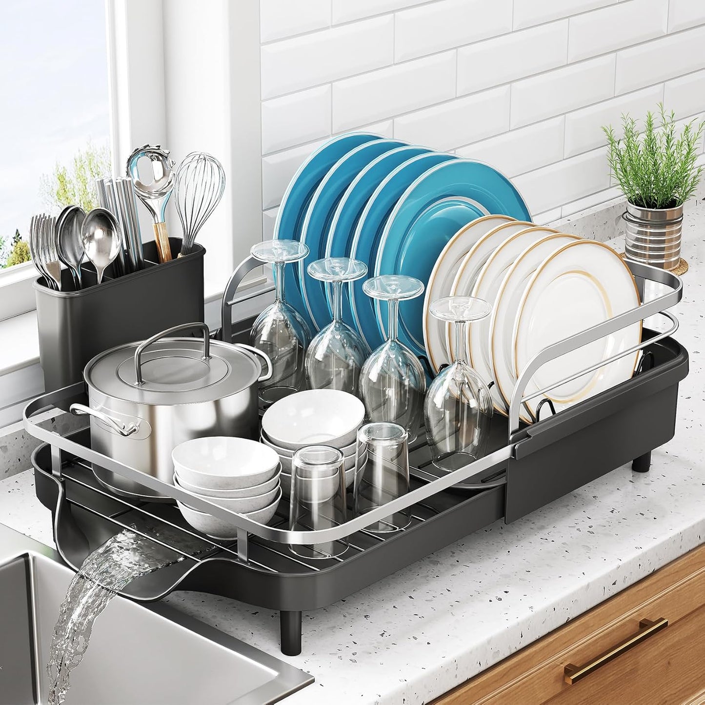 SNTD Stainless Steel Dish Drying Rack - Expandable Kitchen Counter Drainer with Drainboard & Utensil Holder (Black)