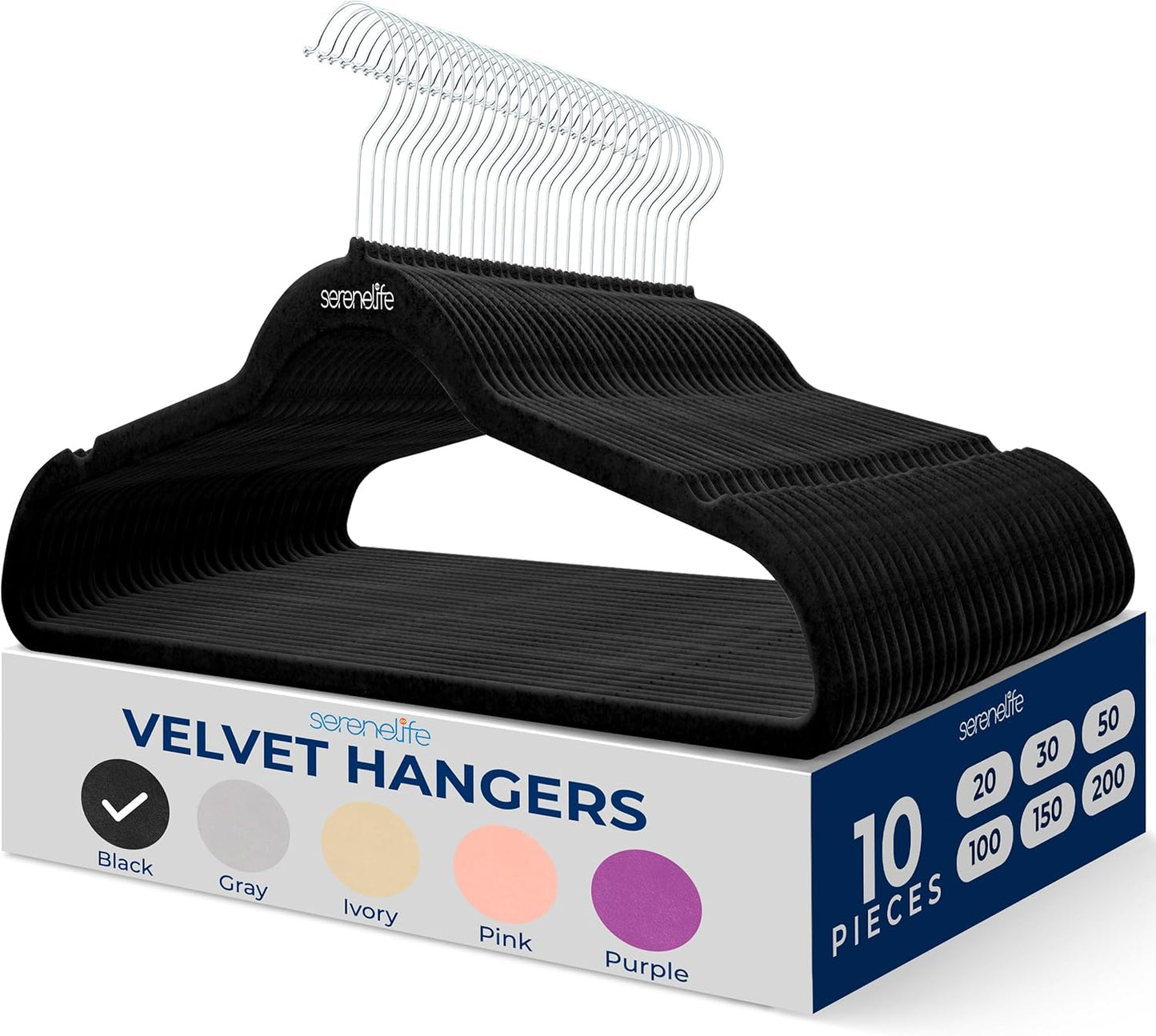 SereneLife Velvet Hangers - Non-Slip Heavy Duty Coat Hangers with 360° Swivel Hook | 10 Pack (Black)