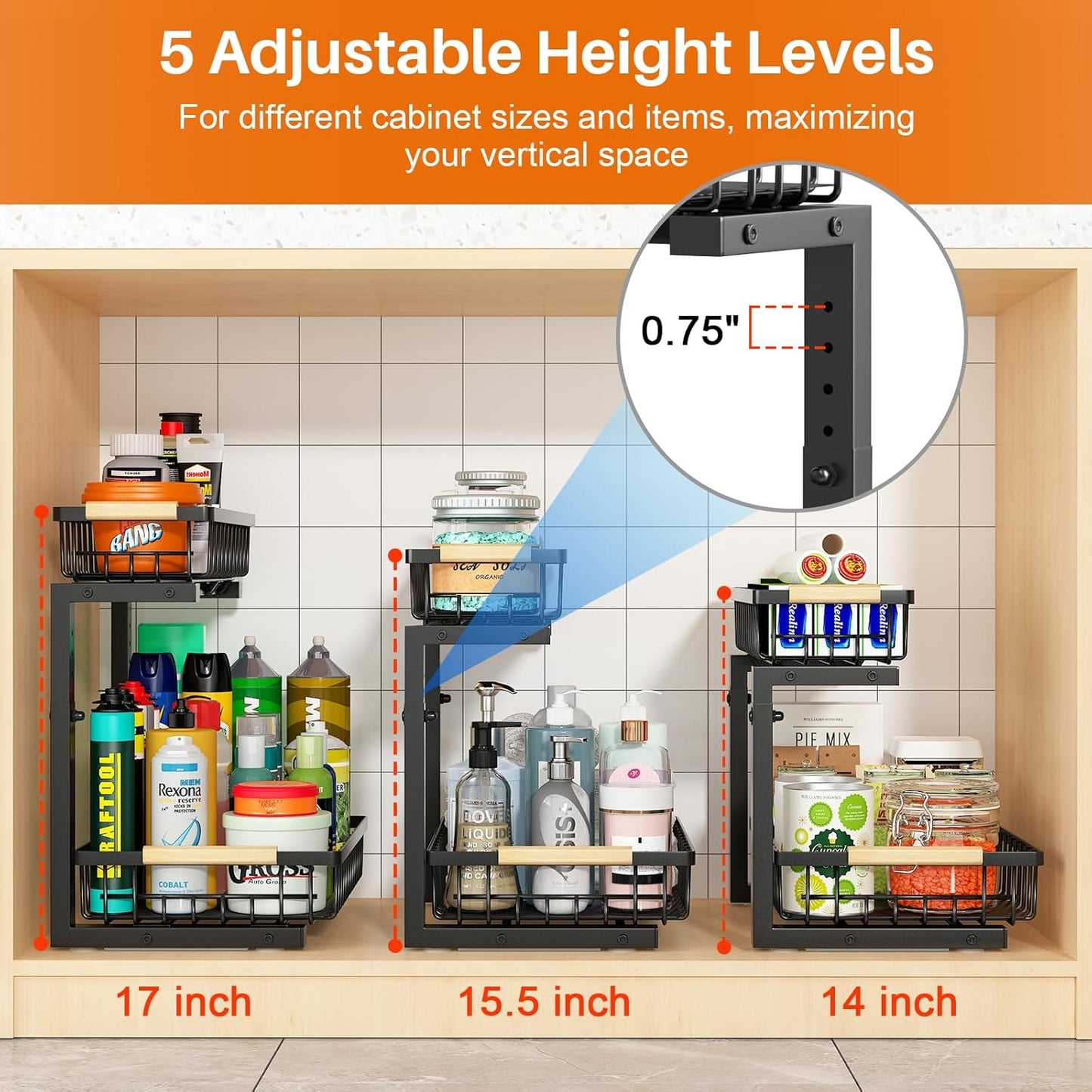 REALINN Under Sink Organizer - Height Adjustable 2-Tier Pull-Out Drawer Storage for Kitchen & Bathroom