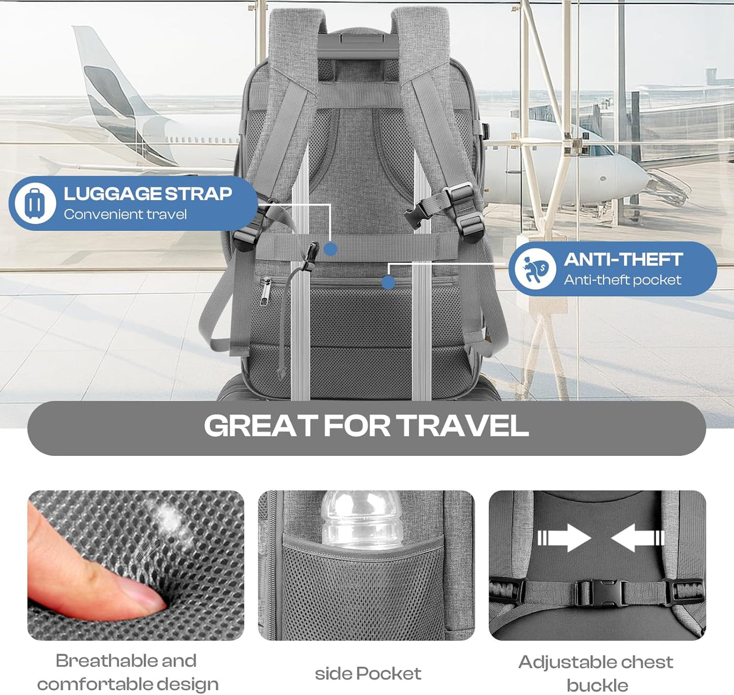 Skiennix Travel Laptop Backpack - Extra Large 40L-50L, Water Resistant, TSA Approved for 17.3" Laptops - Grey